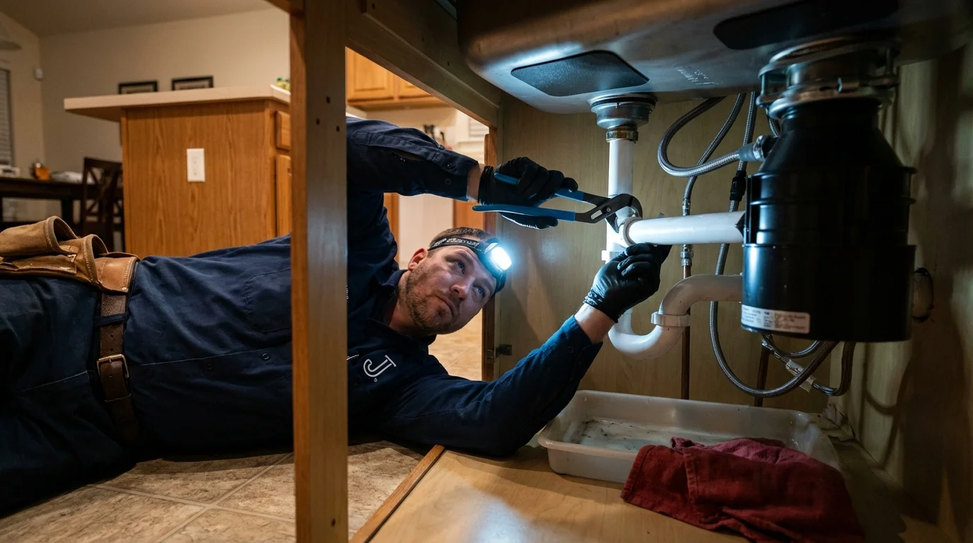 P-trap and supply line connections under a kitchen sink showing a common leak point in Madison, VA